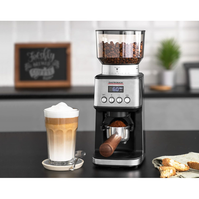 GASTROBACK #42643 - Електрична кавомолка з цифровим дисплеєм, 31 ступінь помелу, 2 автоматичні режими, срібно-чорний колір