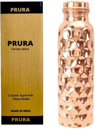 Copper water bottle with diamond cut design, leak-proof, Ayurvedic drinking vessel, copper flask for sports, gym, outdoor activities, yoga