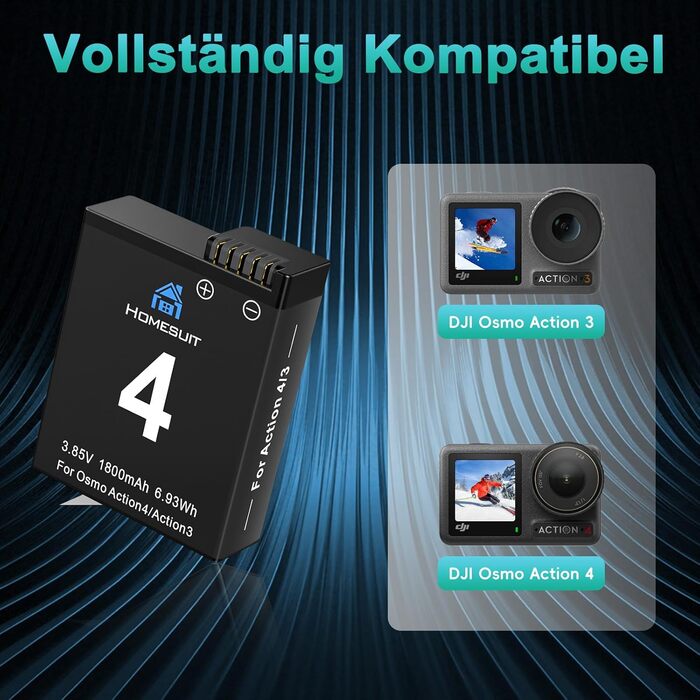 Набір акумуляторів та зарядного пристрою Homesuit для DJI Osmo Action 4/3: 2x акумулятор 1800mAh, Dual USB LED Charger