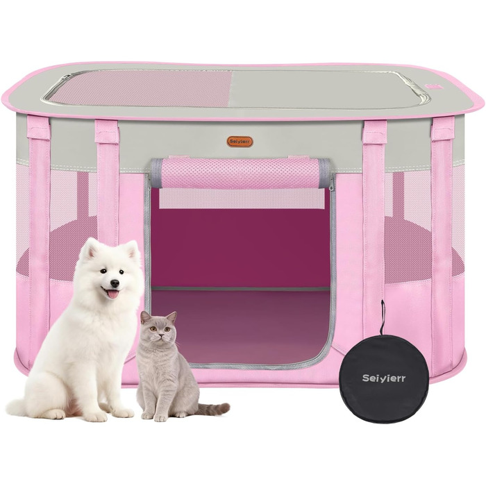 Клітка-манеж для тварин, розкладний загін для кошенят/цуценят, клітка для собак, манеж для цуценят для дому, переноска з сумкою, намет, для відпочинку на природі, кемпінг, рожевий, розмір L