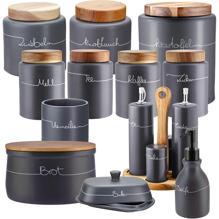 Набір контейнерів для зберігання KHG для кухні, антрацитово-сірий колір з дерев'яними кришками, кераміка, стеатоліт, з маркуванням, органайзер для кухні, без пластику, світлонепроникний, повний набір
