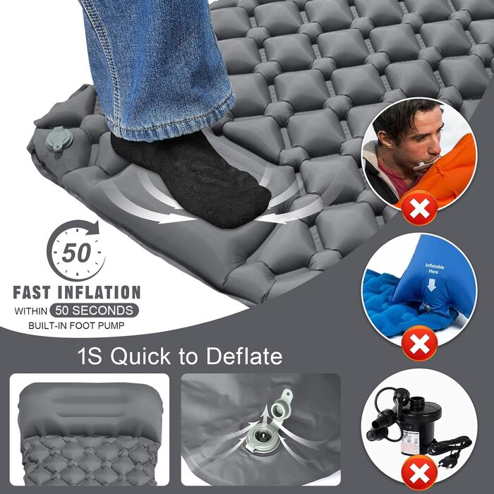 Надувна туристична матрац Isomatte з самонадуванням, водовідштовхувальна, з насосом та подушкою, сірий колір. Підходить для кемпінгу, походів, риболовлі та подорожей.