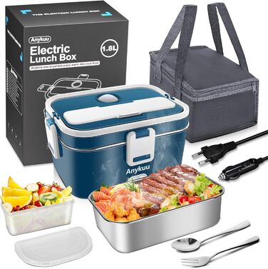 100W Heated Lunchbox Portable Electric Lunchbox 1.8L 3-in-1 12V/24V/220V for Car/Truck/Office/Home Electric Food Container with Fork & Spoon