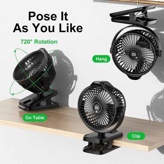 Портативний міні-вентилятор Minthouz з кліпсою, 8000mAh, 5 швидкостей, тихий, для дому, офісу, кемпінгу, дитячої коляски