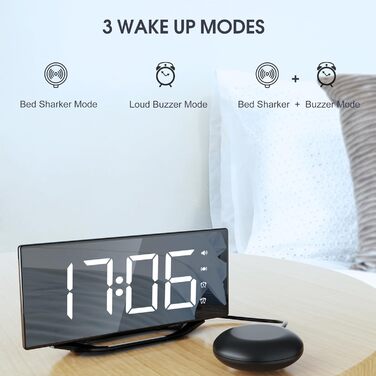Loud alarm clock with bed shaker for heavy sleepers, digital dual alarm clock with vibration, 8.7'' LED mirror alarm clock for children, teenagers, 7 volume levels and dimmer, battery backup, snooze, 12/24H-DST