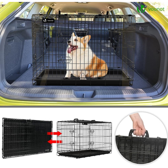 Клітка для собак Vounot, розкладний вольєр з кришкою, переноска для собак у машину, з подвійними дверцятами, 2 ручки для перенесення та знімною підстилкою, XXL 122x75x81 см, чорна