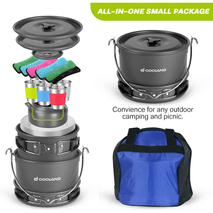 Odoland Camping Cookware Set - 6 Person Outdoor Cooking Set for Backpacking, Camping, and Picnics