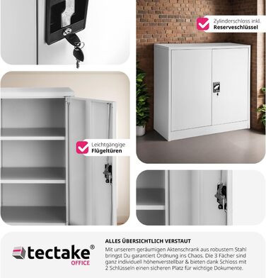 Металевий офісний шафа tectake із замком, 3 полиці, 90x40x90 см, сірий