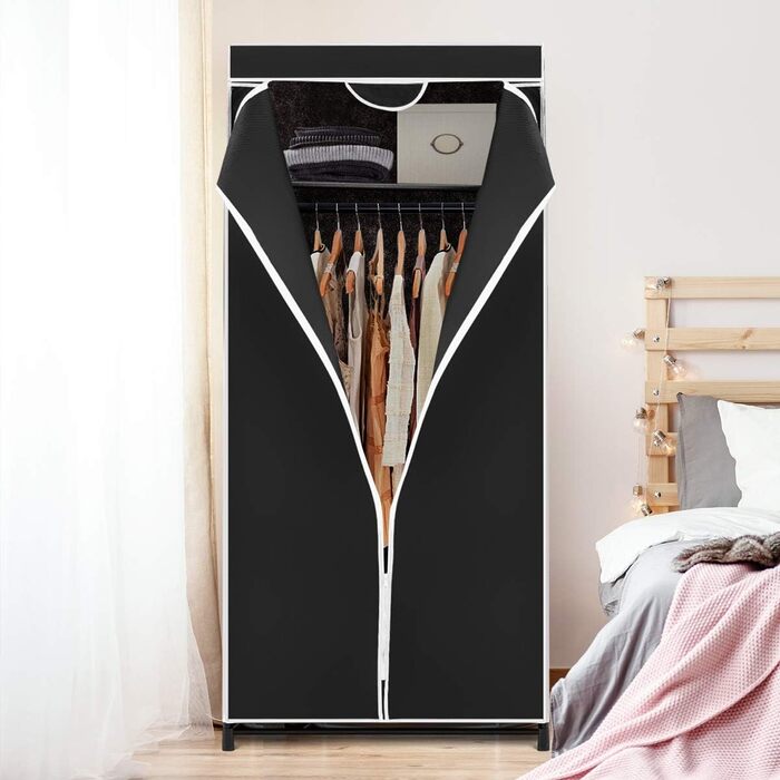 GIANTEX Wardrobe Clothes Closet with Clothes Rod & Shelf, Folding Closet 74 x 50 x 172 cm, Clothes Rack Metal Frame with Dust Cover, for Bedroom Dressing Room (Black)