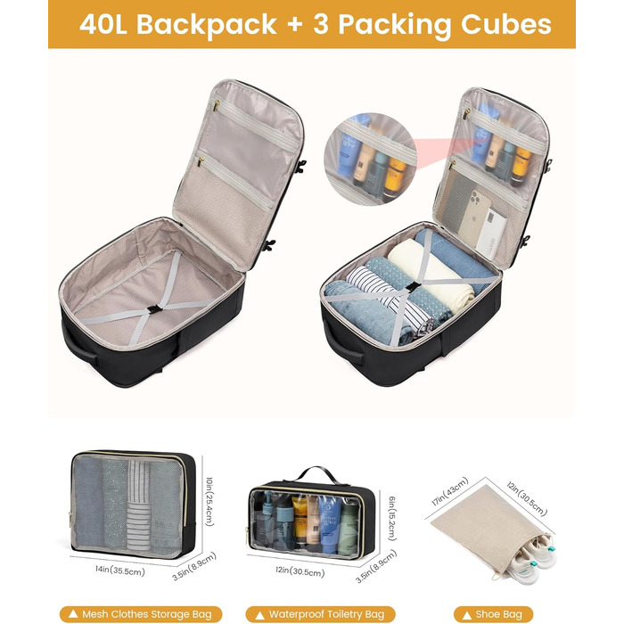 LOVEVOOK Рюкзак для ручної поклажі, 40L, водонепроникний, для ноутбука 17 дюймів, чорний, для подорожей та бізнесу