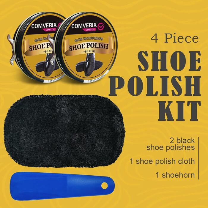 COMVERIX Set with 2 Black Nail Polishes, 45 ml, Nail Polish Set with Shoe Cream, Shine Cloth, Durable Horn, Shiny Finish, Black Shoe Polish Included, Black, 50ml