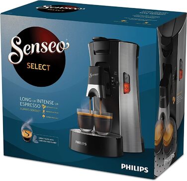 PHILIPS Senseo Select Coffee Pad Machine – Coffee Strength Choice Plus, Memo Function, Crema Plus Technology, 0.9L Water Tank, Two-Cup Function, Adjustable Outlet, Environmentally Friendly (CSA250/10) Brushed Steel