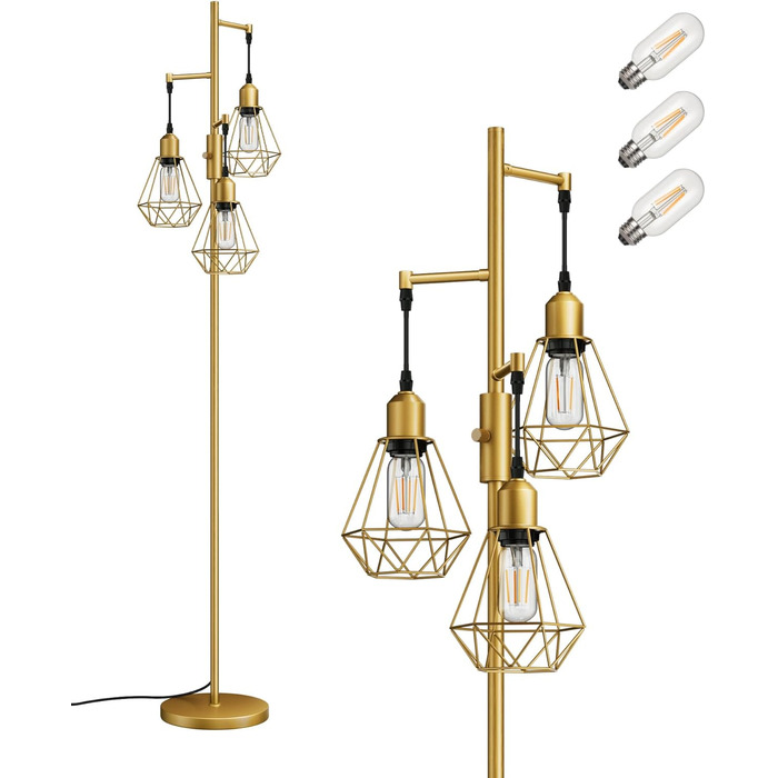 LED торшер Edishine для вітальні, ретро стиль, 3 лампи, диммування, 4W E27, регулювання поворотною ручкою, індустріальний декор з металевим абажуром-сіткою, 2700K, висота 166 см, золотий