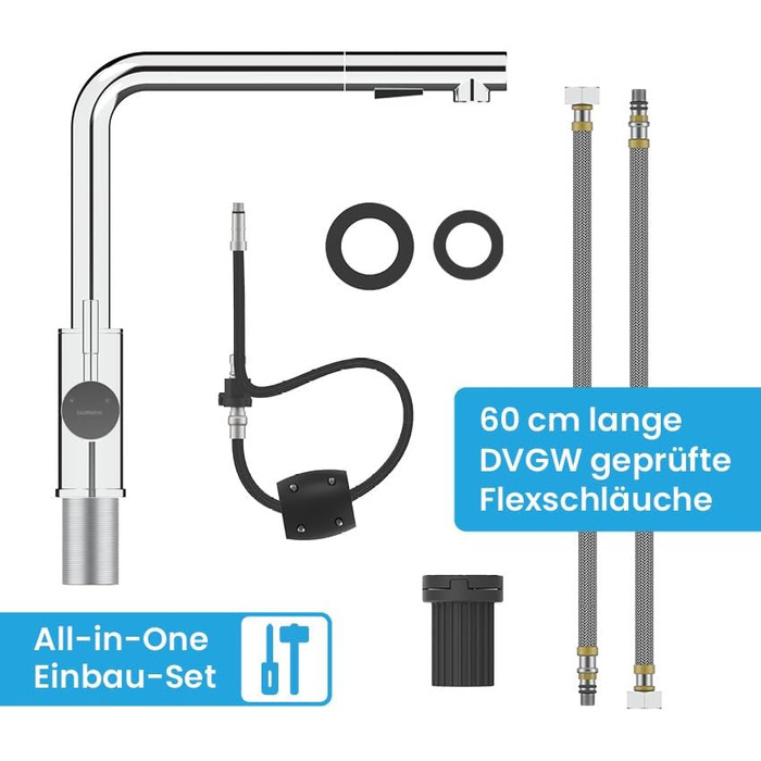 Кухонний змішувач Bächlein Varvaro – поворотний на 360° з висувним шлангом та душовим перемикачем (хром)