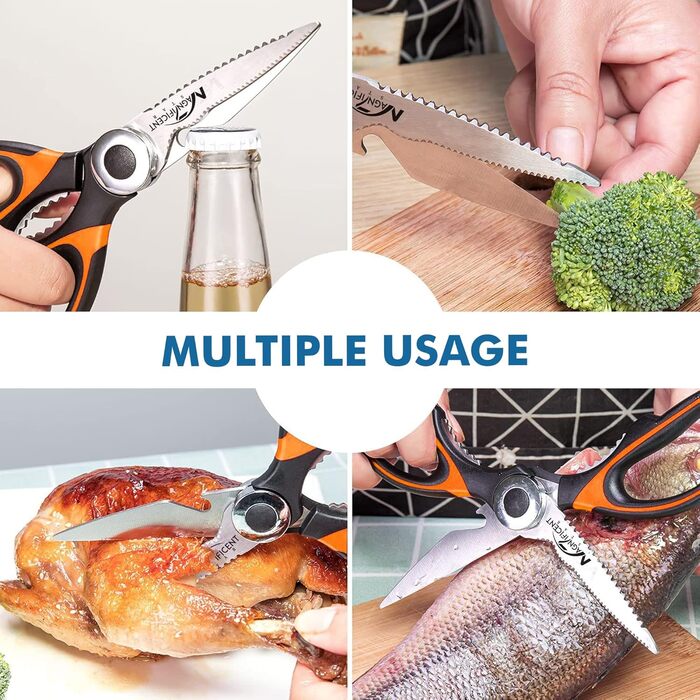 Кухонні ножиці з нержавіючої сталі з захисною кришкою та ергономічною м'якою ручкою, багатофункціональні ножиці для птиці, м'яса, трав та овочів (Помаранчеві)