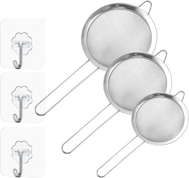 Набір сит з нержавіючої сталі Hinapan (3 шт.), дрібний профіль, стабільні ручки, 3 гачки, придатні для миття в посудомийній машині, ідеально підходять для борошна, рису, кіноа, чаю та макаронів