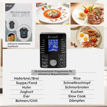 Мультиварка Saaf з Airfryer – 15-ти частинний набір, 24 програми – мультиварка, рисоварка, пароварка, сковорода-каструля – 6л – з корзиною, каструлею та кулінарною книгою – цифровий дисплей