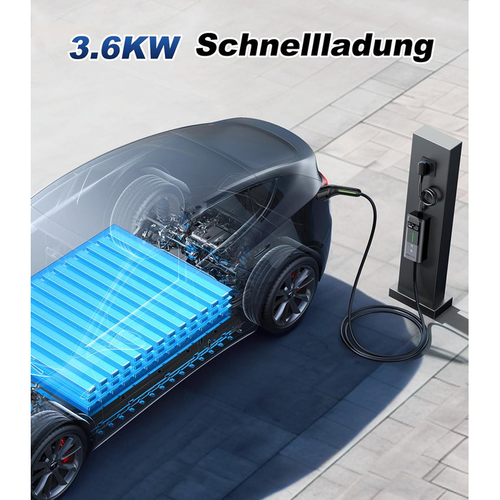 Кабель для зарядки електромобіля Type 2, 3.6 кВт / 5 м, 6A-16A, портативний зарядний пристрій для електрокар, сумісний з EU-Schuko (3.68 кВт)