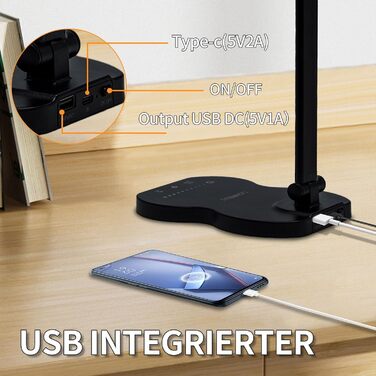 LED лампа настільна LQWELL® QM019, чорна: регулювання яскравості, 5 кольорів, 10 рівнів, USB-зарядка, сенсорне керування, пам'ять, для дітей, офісу