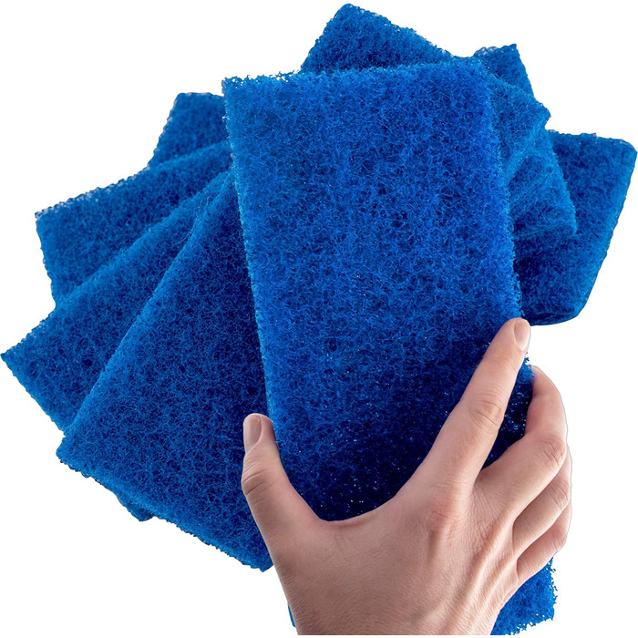 Scouring sponges, medium size, XL size, Blue, 5 pieces. Large, multi-purpose nylon sponges, 25.4 x 11.4 cm in size. Clean kitchens, bathrooms, countertops, and floors to remove dirt and surfaces to