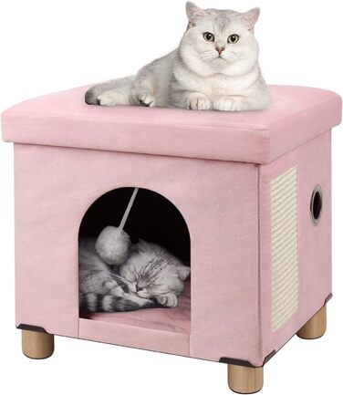 BRIAN & DANY Foldable Cat Cave Large Cat, Cat House Cave for Cats with Scratch Board and Play Ball, Storage Ottoman Seat Stool Footstool with Wooden Feet 37.5 x 32.5 x 36 cm, (Pink)