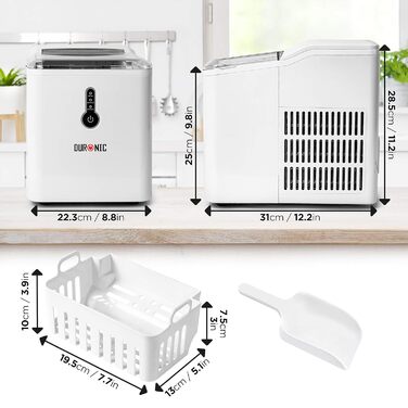 Машина для приготування льоду Duronic ICM120 WE – Автоматична, 8 кубиків за 6-8 хв, 1 л резервуар, 12 кг/24 год, тихий компресор 54 дБ, 120 Вт, чорний колір