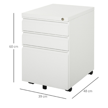 Vinsetto Rolling Storage Cabinet with 3 Drawers and Wheels, Compact Steel with Concave Handle, White 39x48x60cm