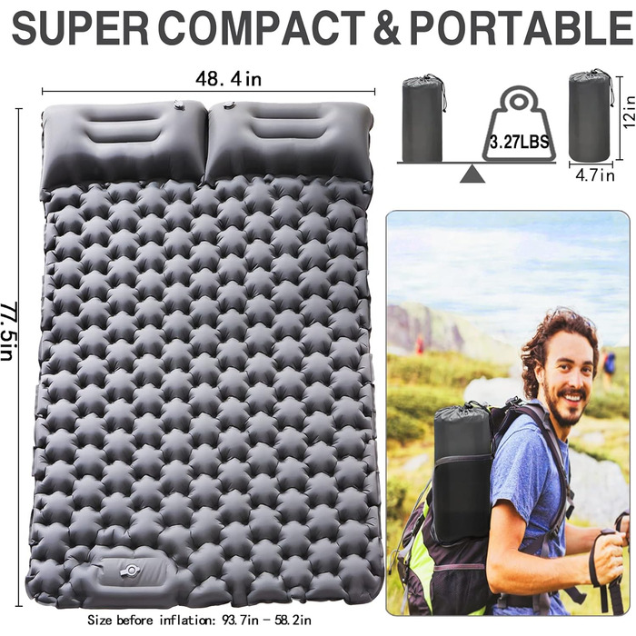 Double Camping Sleeping Pad - Inflatable, Self-Inflating, Ultra-Thick for 2 People with Pillow & Foot Pump - Hiking & Portable
