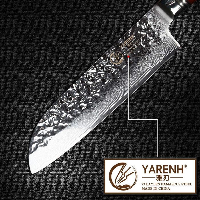 Кухонний ніж Santoku YARENH 18 см з дамаської сталі 73 шари, гострий, дерев'яна ручка, серія HTT