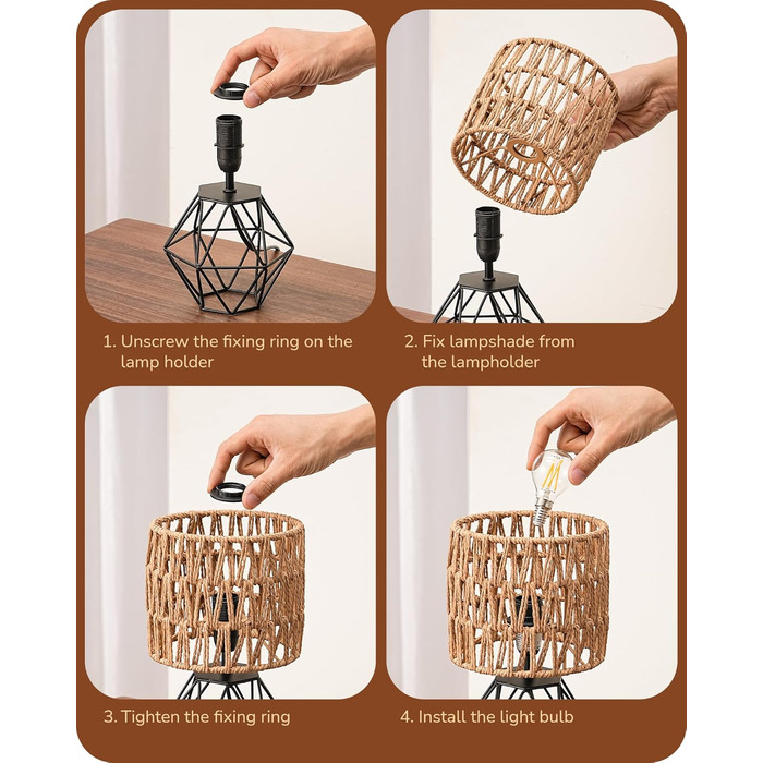 EDISHINE Настільна лампа, сучасний індустріальний дизайн, цоколь E14, вінтаж, для спальні/вітальні, білий & золотий (ротанг + чорний)