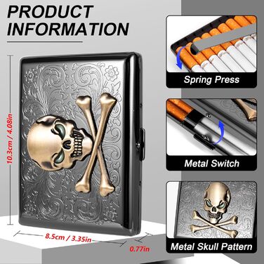 Металеве тютюнотримач вінтажний для жінок та чоловіків, вміщує 18-20 сигарет (100 мм), чорний з черепом