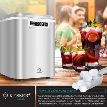Машина для приготування льоду KESSER® з нержавіючої сталі, 12 кг/24 год, 2,2 л резервуар, LED-дисплей, самоочищення