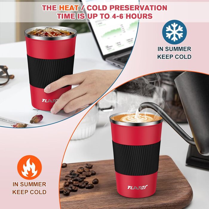 Термокружка для кави з кришкою, 380 мл, з подвійними стінками, з нержавіючої сталі, червоно-чорна