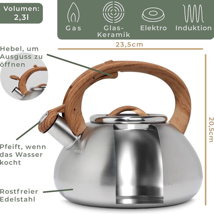 WALDWERK Water Kettle (2.3L) - Water kettle for induction and gas hob - Teapot with wood-look handle - Whistling kettle with whistle, stainless steel & plastic