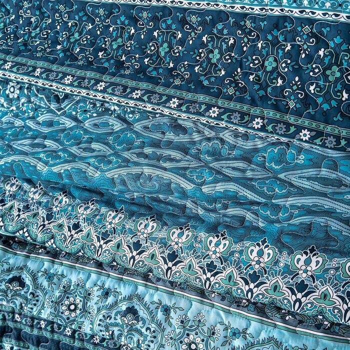 WONGS BEDDING Bedspread 220x240 Bed Cover Bohemian Quilt Steppdecke 3-Piece Double Bed Quilted Bedspread Microfiber Throw Blanket with 2 Pillowcases 50x70 for Bedroom as Sofa Cover (Bohemian) (200x220 cm, Dark Blue)