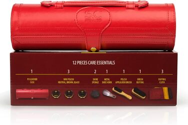 Stone & Clark 12-Piece Shoe Cream & Leather Care Set with Brown Wax, Shoe Brushes for Polishing, Compact Shoe Shine Kit with Horsehair Brushes & PU (Case: Hot Red)