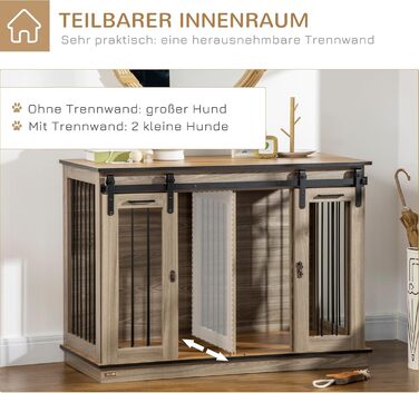 Клітка для собак PawHut, будиночок для собак з двокімнатним варіантом, клітка для домашніх тварин з двома дверцятами, переноска для собак, собачий будиночок для собак середніх розмірів, 120 x 60 x 88,5 см, дуб