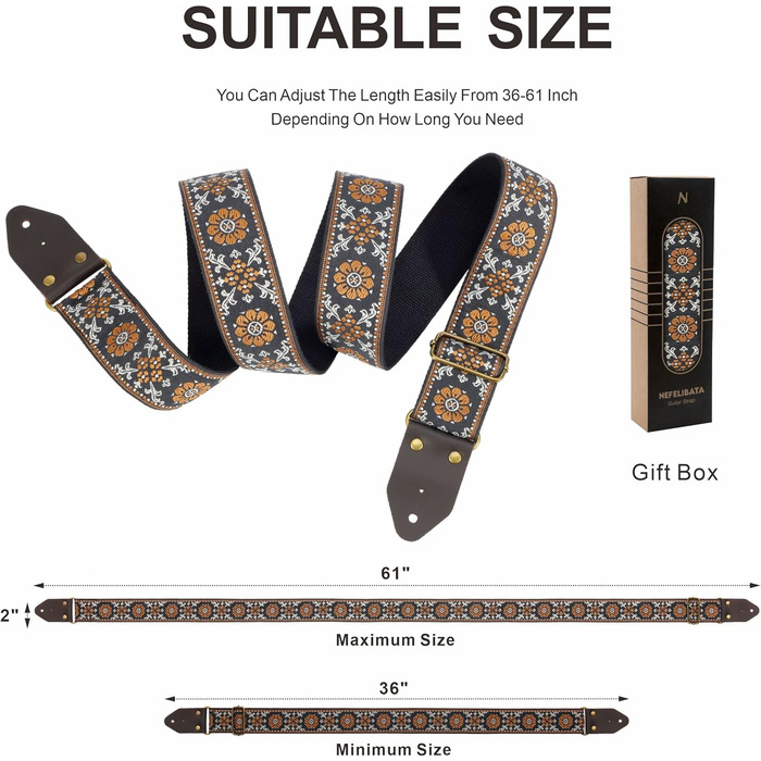 Гітарний ремінь Nefelibata з вишивкою 'Жовта Квітка' – бавовна, Crazy Horse шкіра, для бас-гітари, електро- та акустичної гітари, подарунок для дітей та гітаристів, стиль ретро E#