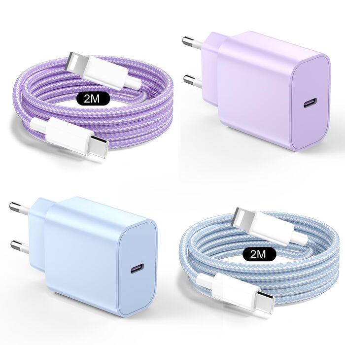 Зарядний пристрій 20W USB-C з кабелем Lightning для iPhone 14/13/12/11/X/SE (2 шт., фіолетовий+синій)