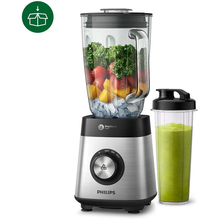 Philips Blender and Smoothie Maker – 1000W, 2-Liter Glass Jar, HomeID App, Variable Speed, ProBlend Crush, Drinking Cups (HR3573/90)