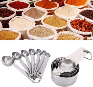 Set of 14 measuring cups and spoons with graduated measuring spoons for baking, measuring spoons made of food-grade stainless steel with a narrow head