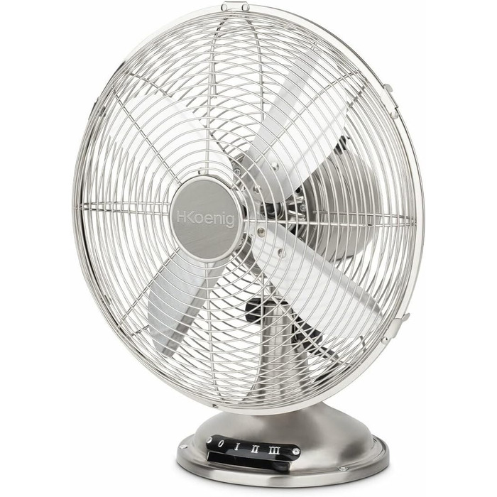 Електричний настільний вентилятор H.Koenig JOE48: тиха робота, металевий дизайн, 3 швидкості, фіксація/осіляція, регулювання кута нахилу, неслизька підставка