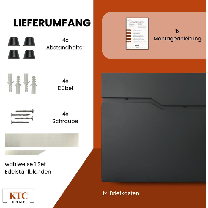 Поштова скринька KTC Home Premium Postlux 4.0 з нержавіючою сталлю, чорна - стійка до УФ-випромінювання та погодних умов, порошкове покриття
