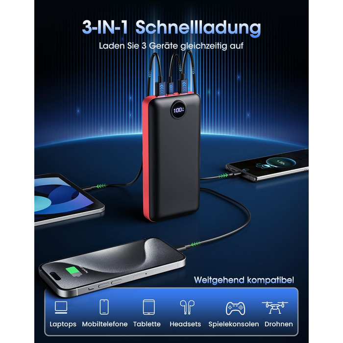 Power Bank 50000mAh з LED дисплеєм: Швидка зарядка 22.5W, 3 виходи USB-C, 2 входи, сумісний з iPhone, iPad, Android, червоний (XX-Large)