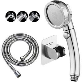KAIYING Drill-Free High-Pressure Hand Shower with ON/OFF Pause Switch, 3 Spray Modes, Water-Saving Shower Head, Detachable Puppy Shower Accessory (M: Shower Head (Chrome) + Holder + Hose)