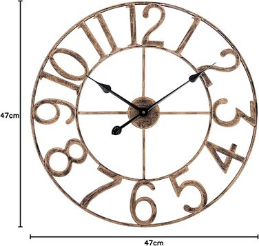 SkyNature Wall Clock No Ticking, 47cm Large Vintage Metal Decor Wall Clocks, Silent Round Bronze Industrial Clock, Analog Wall Clock for Living Room, Kitchen, Bedroom, Office - Bronze