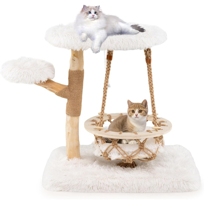 Дерев'яний кігтеточки для котів Costway з гамаком, мотузкою, натуральним деревом та jute-обтягнутими стовпчиками, 2 стійки та платформа, кігтеточки для котів, котячий комплекс, природа+білий (66 см)