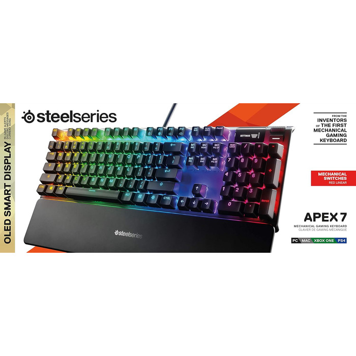 SteelSeries Apex 7 - Механічна ігрова клавіатура з OLED дисплеєм - Червоні перемикачі - Розкладка DE (QWERTZ)