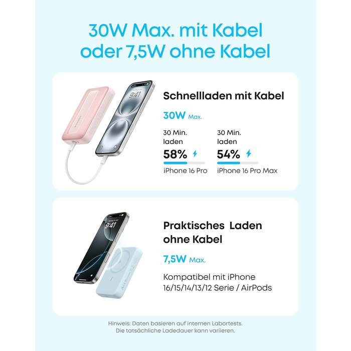 Anker Zolo Powerbank магнітна, 10000mAh, 30W, бездротова зарядка, для iPhone 17/16/15, AirPods та інших пристроїв (Блакитний)