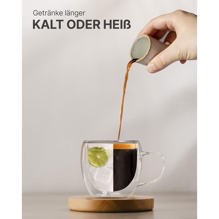 Набір кавових чашок Lemontree 4 шт. 250 мл з боросилікатного скла (80 мл еспресо) - для капучино, лате макіато, професійного використання, подвійні стінки, термостійкі